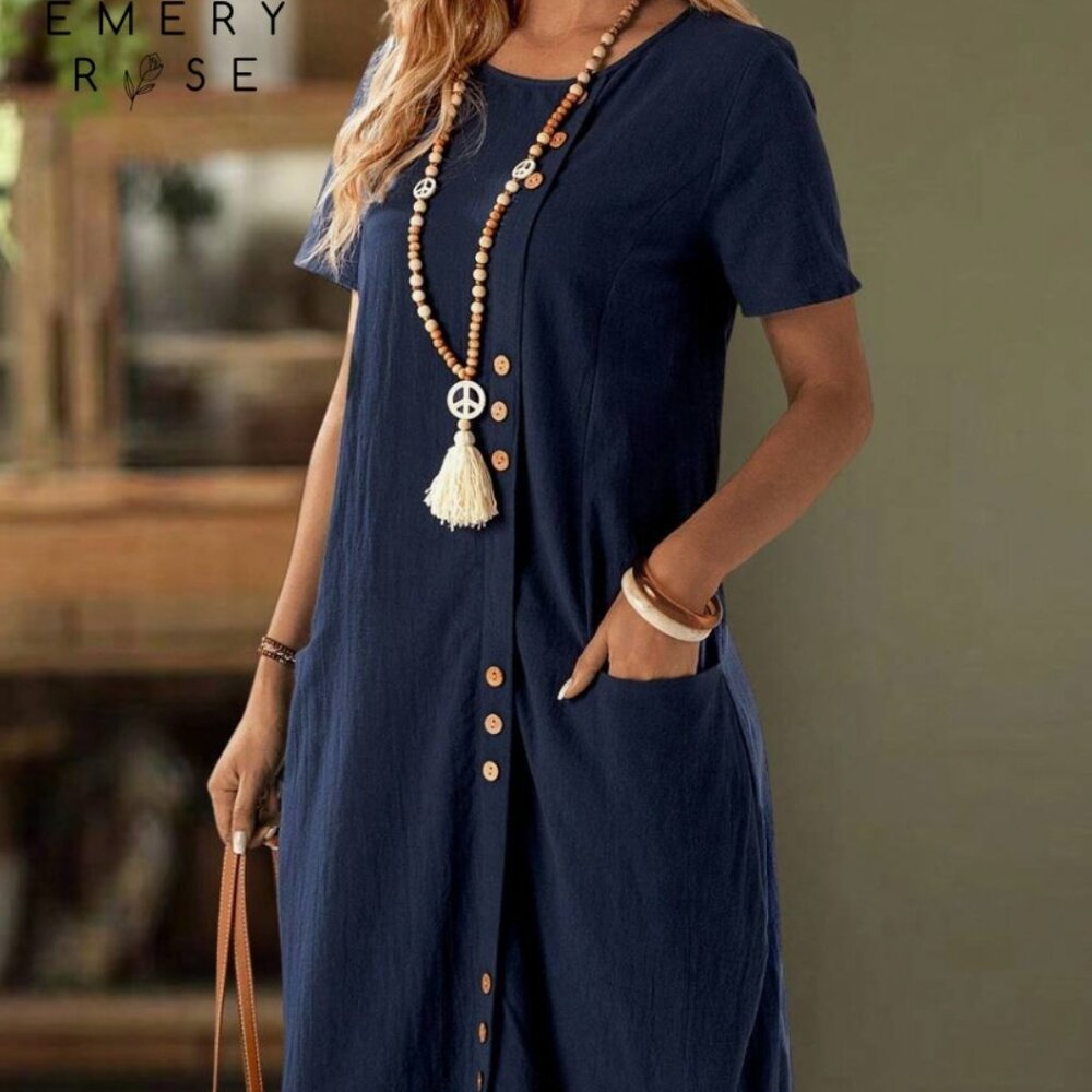 EMERY ROSE Vacation Casual Solid Color Front Button Dual Pocket Dress sz L NEW!‎